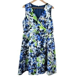 Black Label by Evan-Picone Blue & Green Floral Faux Wrap Sleeveless Dress Sz. 14